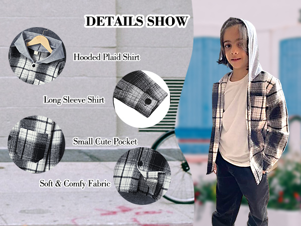 Boys Plaid Hooded Button Down Flannel Shirt Long Sleeve Jacket Top