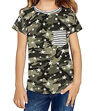 Girl Leopard Shirt Camo Star Striped Tshirt Casual Short Sleeve Crewneck Funny Pocket Tops