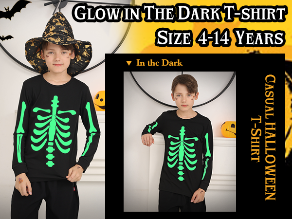 boys girls glow in the dark skeleton t-shirt with long sleeve  halloween t-shirt size 4-14t