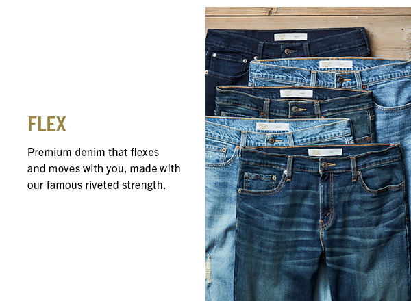 Image collage with text next to photograph of a jeans pile over a wooden surface