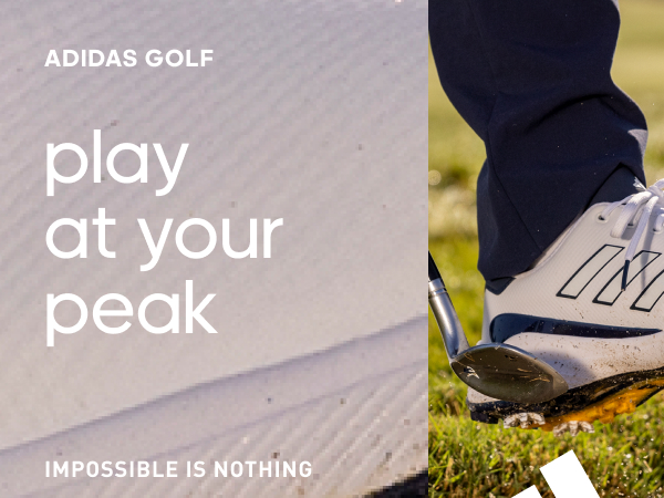 Photomontage with a detail of golf appareal.Text says "Play at your peak. Impossible is nothing"