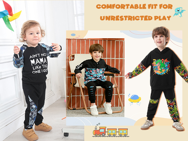 Toddler Boy Clothes Fashion Fall Winter Outfit Cool Dinosaur Print Black Hoodie Sweatshirt 