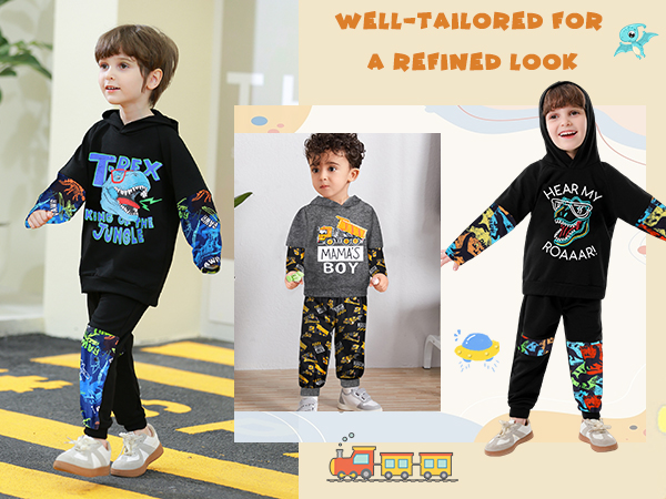 Toddler Boy Clothes Fashion Fall Winter Outfit Cool Dinosaur Print Black Hoodie Sweatshirt 