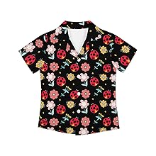 Red Ladybug Pink Floral Black Print Hawaiian Shirt For Boys Girls