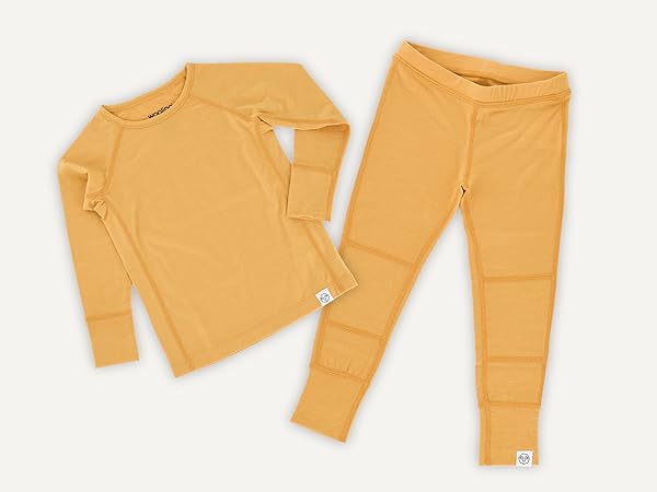 Woolino Kids Merino Wool Base Layer Top and Legging in Honey yellow.