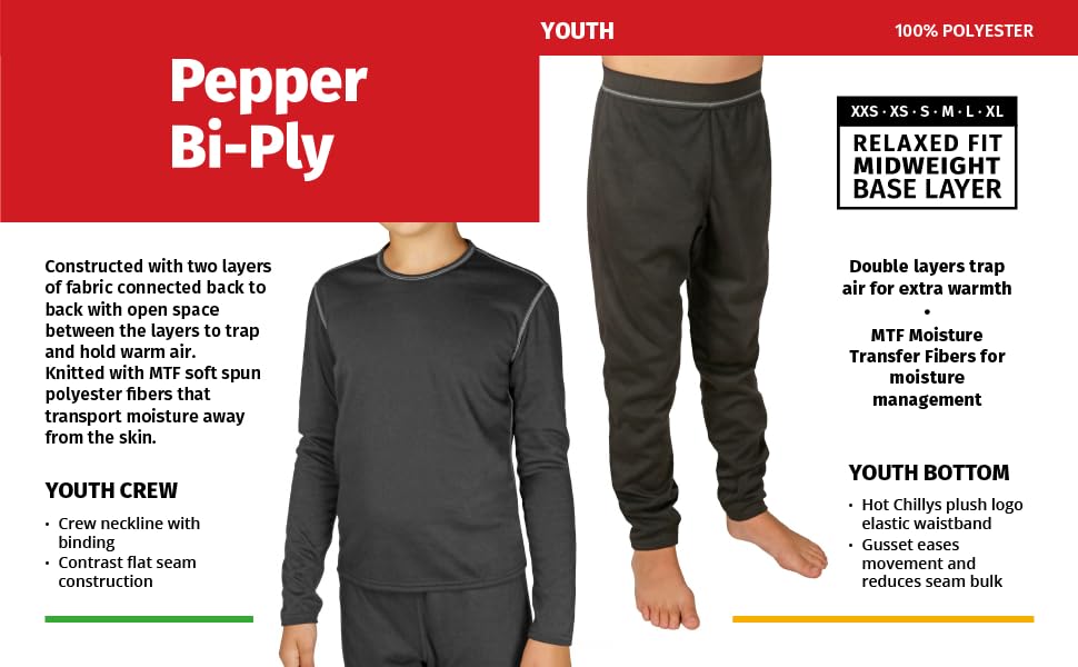 Pepper Bi-Ply youth kids girl boy crew bottom pants top base layer relaxed fit midweight warmth