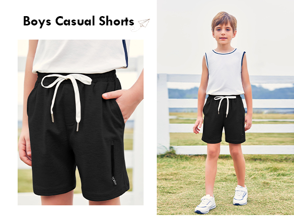 Boys Athletic Shorts Elastic Waist Youth Pull-On Basketball Shorts with Pockets 3-14 Years