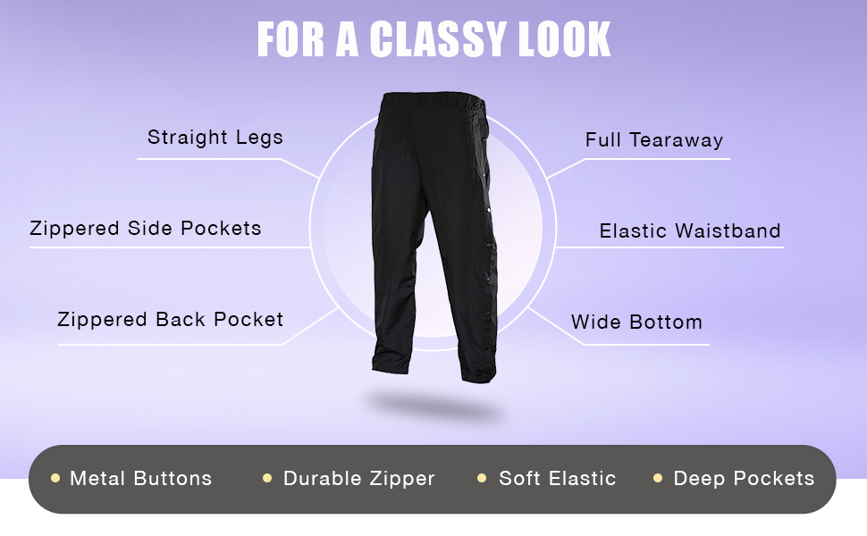 Men Athletic Pants, Tearaway Pants, Retro Windbreaker Pants