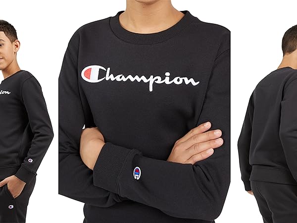 champion boys crewneck sweatshirt front side back angles