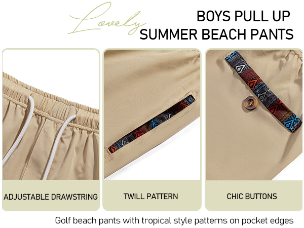 Boys Casual Drawstring Summer Beach Stretch Twill Golf Shorts With Patterned Pockets 5-14 Years