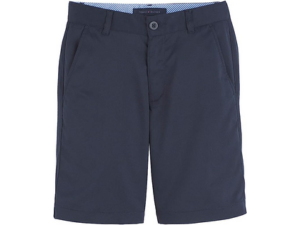 Navy blue boys golf shorts on white background