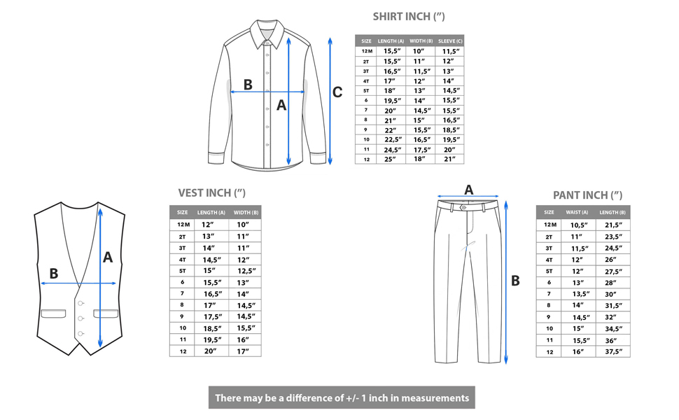 Lilax Suit Set size chart available sizes for 1 Years to 12 Years old boys