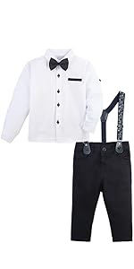 Lilax Boy Suspender Outfit Tuxedo Gentleman Dress Shirt, Bowtie Pant 4 Piece Set