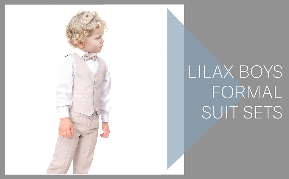 beige stylish tuxedo Boys Suit Set ;suit pants, white shirt, clip-on bowtie, and traditional vest