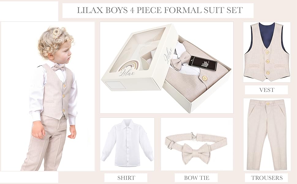 4 Piece Boys Suit Set Package Include; A White Button-Up Shirt A Lined Vest, Pants Matching Bow Tie