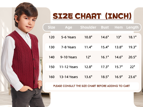 Boys Sweater Vest Cable Knit Button Down V Neck Sleeveless Cardigan Kids School Uniform Winter Tops