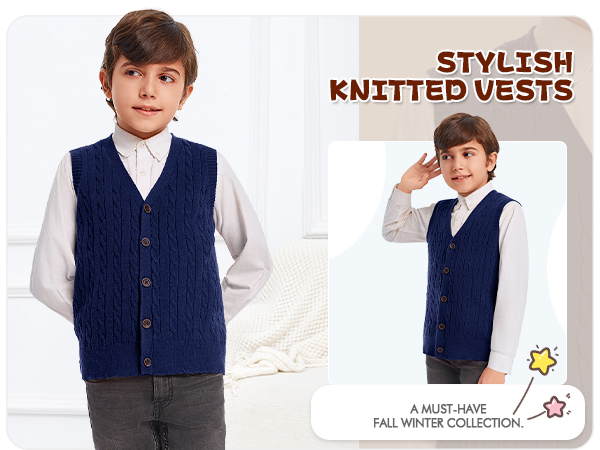 Boys Sweater Vest Cable Knit Button Down V Neck Sleeveless Cardigan Kids School Uniform Winter Tops