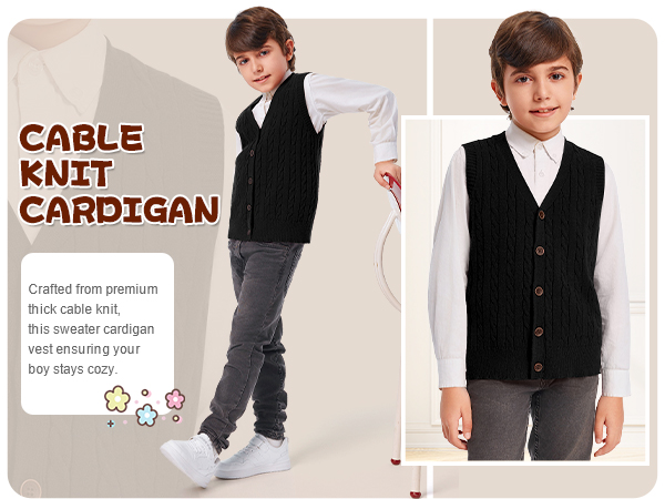 Boys Sweater Vest Cable Knit Button Down V Neck Sleeveless Cardigan Kids School Uniform Winter Tops