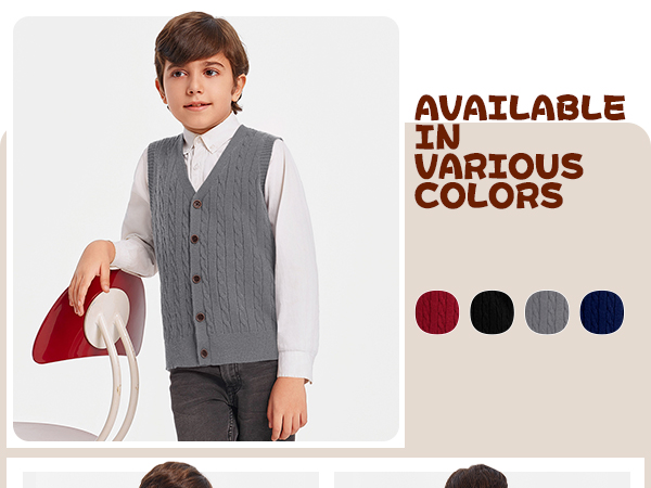 Boys Sweater Vest Cable Knit Button Down V Neck Sleeveless Cardigan Kids School Uniform Winter Tops