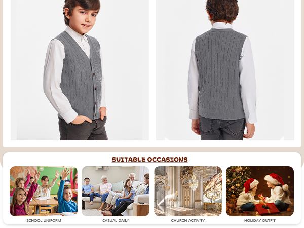 Boys Sweater Vest Cable Knit Button Down V Neck Sleeveless Cardigan Kids School Uniform Winter Tops