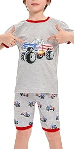 Kids American Flag Monster Truck Pajamas Short Sleeve