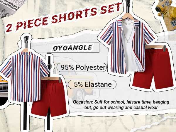 Boy''s 2 Piece Outfits Tracksuit Short Sleeve Striped Button Down Blouse Shirt Top and Shorts