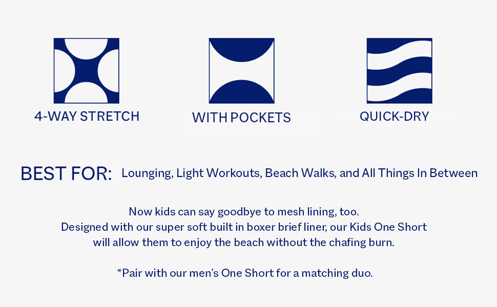 kids one short - 4-way stretch, with pockets, quick-dry