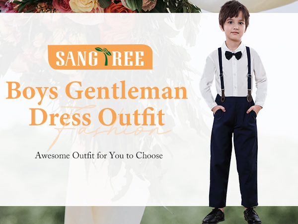 SANGTREE Boys Gentleman Plaid Outfits Suit Set with Detachable Suspenders