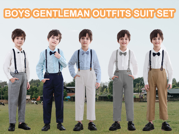 SANGTREE Boys Gentleman Plaid Outfits Suit Set with Detachable Suspenders