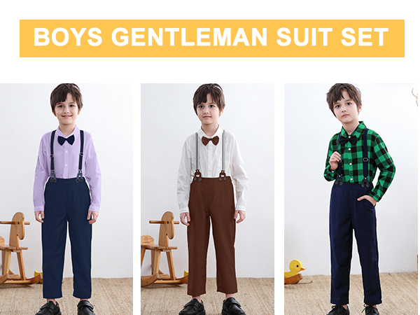 SANGTREE Boys Gentleman Plaid Outfits Suit Set with Detachable Suspenders