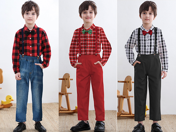 SANGTREE Boys Gentleman Plaid Outfits Suit Set with Detachable Suspenders