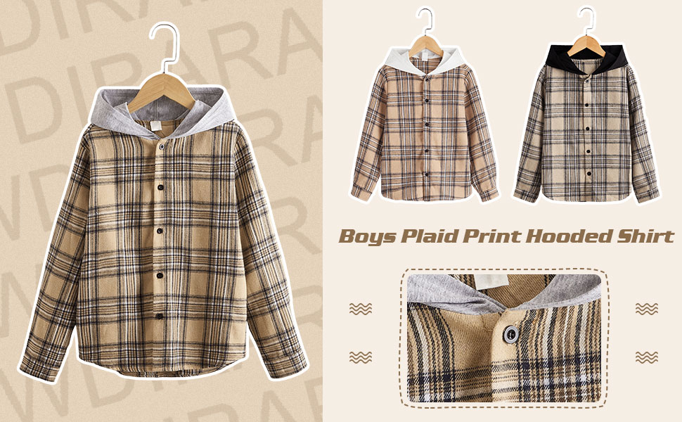 Boy''s Plaid Button Front Long Sleeve Hooded Shirt Casual Tops