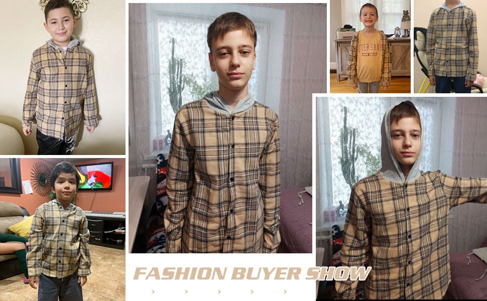 Boy''s Plaid Button Front Long Sleeve Hooded Shirt Casual Tops