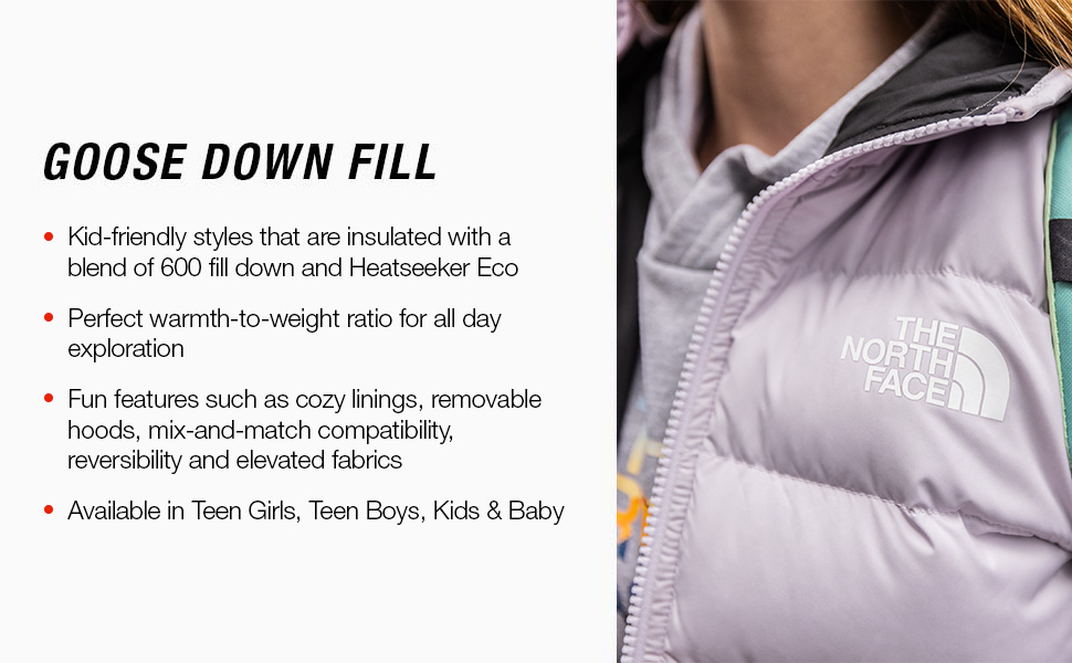 Kid friendly insulated down with Heatseeker Eco. Cozy linings, reversible styles and hoods.