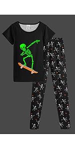 glow in the dark boy pajamas set short sleeve long pants skull pattern