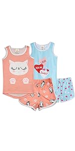 Cute Girls Pajamas Tank Top and Shorts Cute Cat Pajamas Sweetheart Pajamas Girls Orange Blue