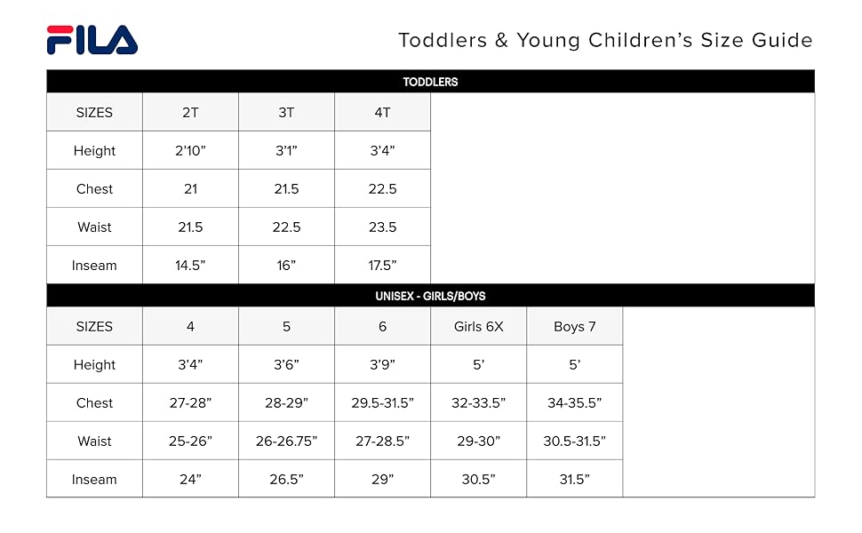 Toddler &Young Children''s Size chart