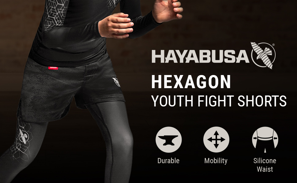 Youth wearing Black Hayabusa Youth MMA Fight Shorts