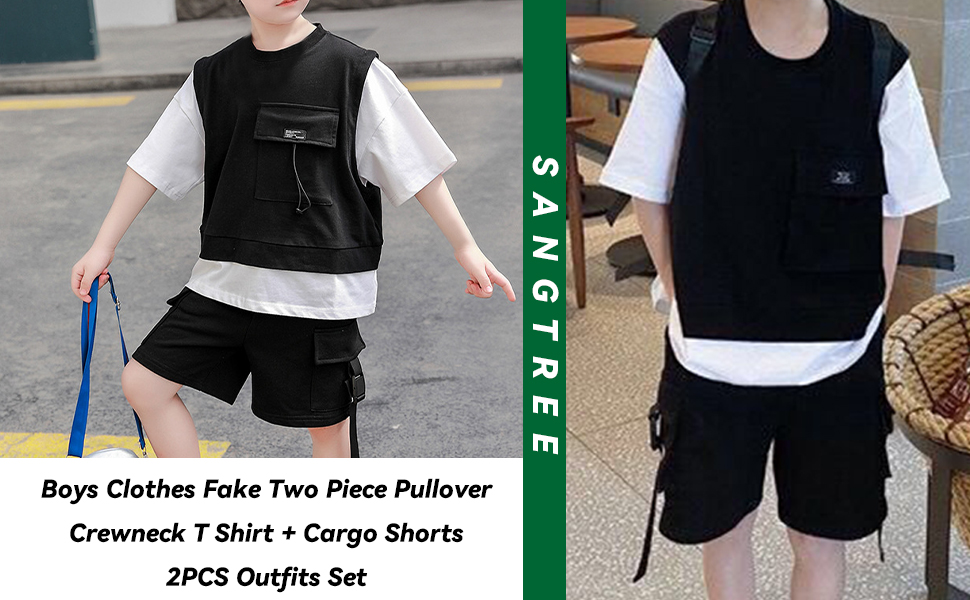 SANGTREE Boys Clothes Fake Two Piece Pullover Crewneck T Shirt + Cargo Shorts 2PCS Outfits Set