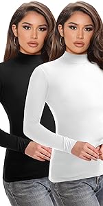 2 Pack Women’s Turtleneck Slim Fit Tops Long Sleeve Cotton Layer Shirts