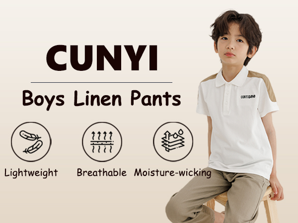 Boys Linen Pants Lightweight Dress Pants Beach Pants Pull-on Casual Outfits with Elastic Waist