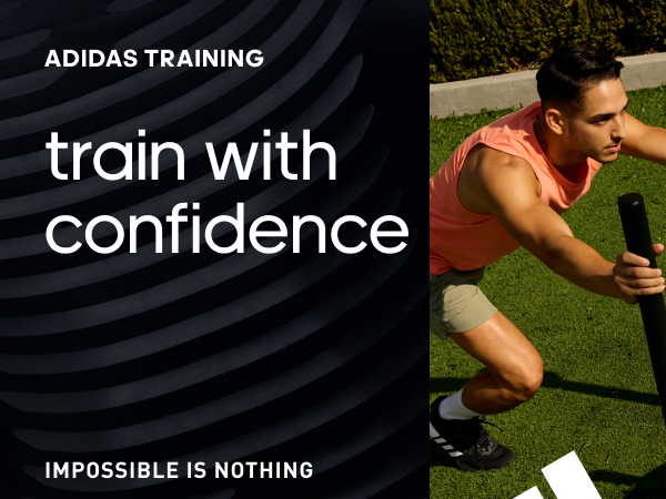 Photomontage of a man exercising. Sentence says "train with confidence".