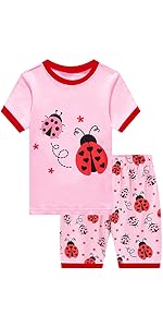 girls pajamas short sleeves kids pjs ladybug pink cute sleepwear nightwear tshirt shorts clothes