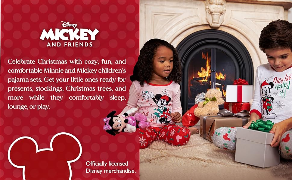 Two kids dressed in Mickey and Minnie Mouse Christmas pj sets. Text reads: “Children’s pajamas.”