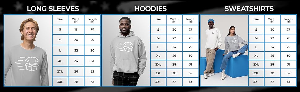 Sizing Guide for Long Sleeves, Hoodies and Sweatshirts