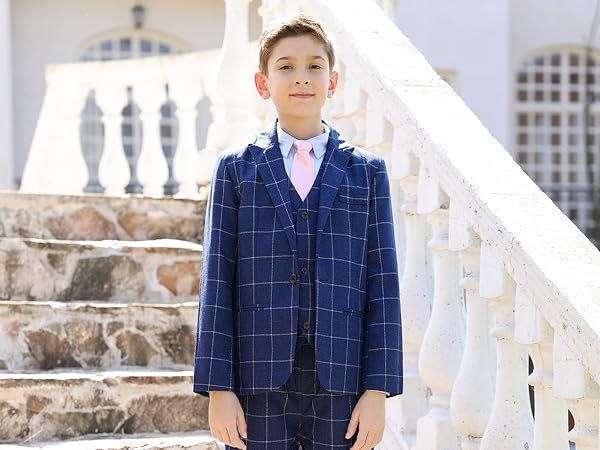 Boys Slim Fit Suit Formal Dress Tuxedo for Boy Check Plaid 3 Piece Suit Set for Kids