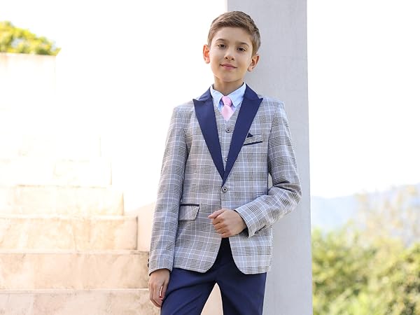 Boys Slim Fit Suit Formal Dress Tuxedo for Boy Check Plaid 3 Piece Suit Set for Kids