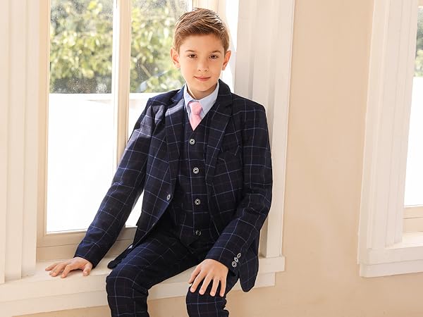 Boys Slim Fit Suit Formal Dress Tuxedo for Boy Check Plaid 3 Piece Suit Set for Kids