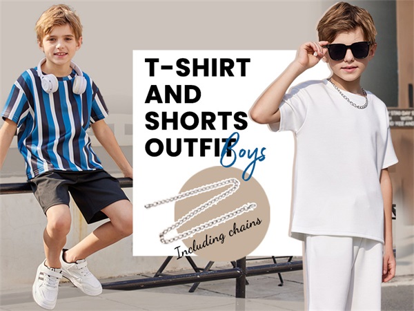 Boys Drop Shoulder T-Shirt & Drawstring Waist Shorts with Chain Necklace 