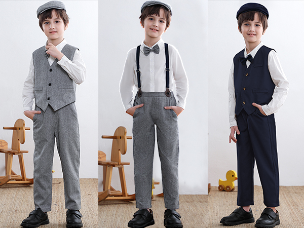 SANGTREE Boys Clothes Set, Shirt with Bow Tie + Newsboy Hat + Suspender Pants Sets